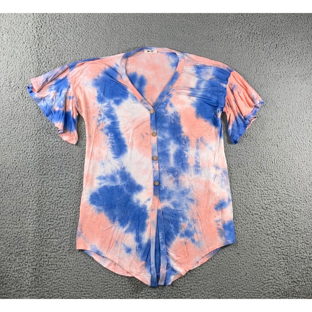 Flowy Tie Dye Top M Blue Peach Flutter Sleeve V Neck Button Front Boho Hippie